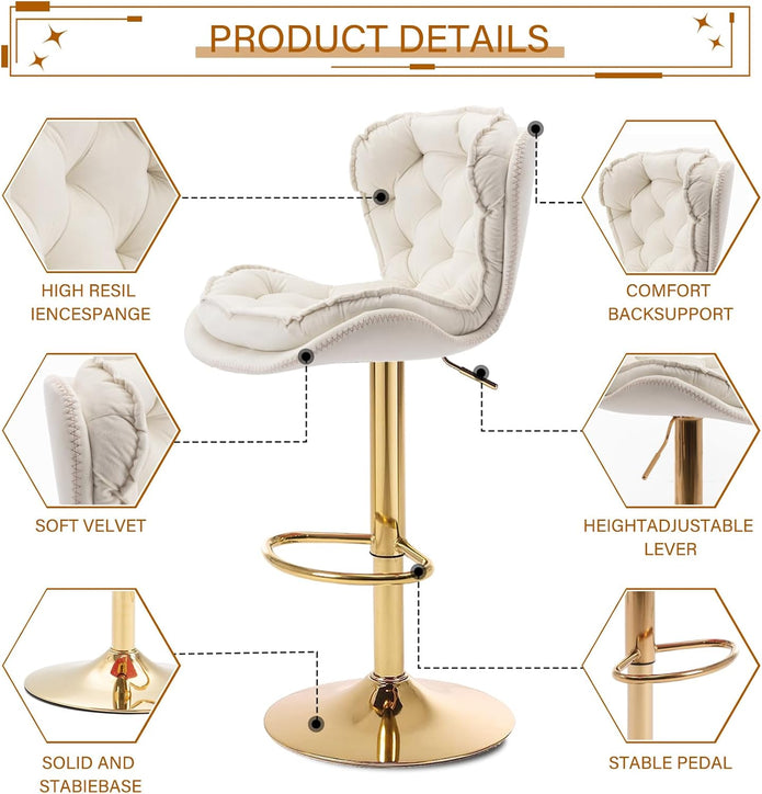 SERENITà Swivel Bar Stools Set of 2 Counter Height Barstools with Back Velvet Upholstered Adjustable Stool Chair Min Century Modern Bar Stool for Kitchen Island (Ivory) 6