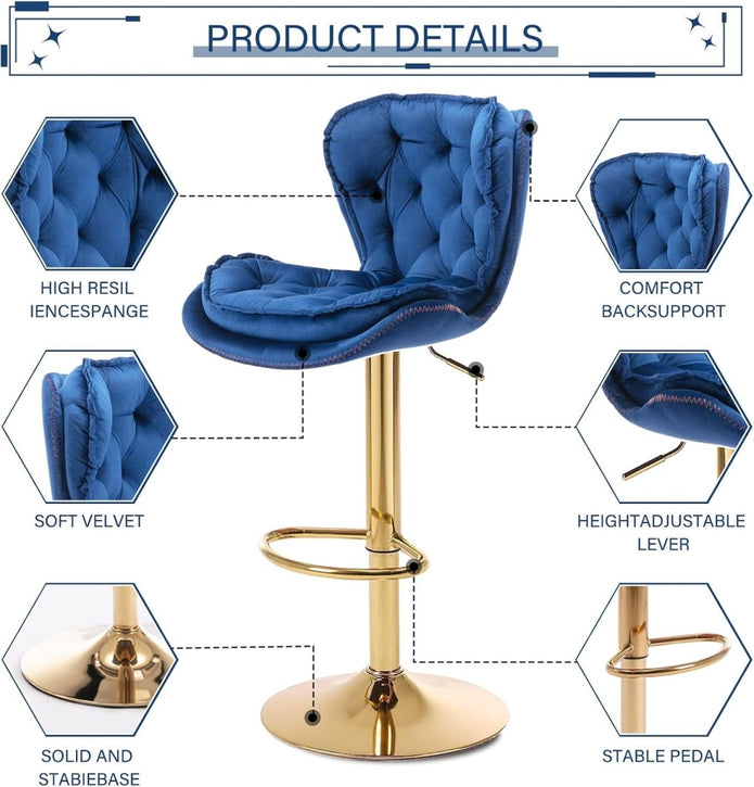 SERENITà Swivel Bar Stools Set of 2 Counter Height Barstools with Back Velvet Upholstered Adjustable Stool Chair Mid Century Modern Bar Stool for Kitchen Island (Navy Blue) 4