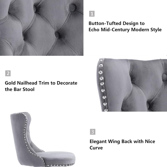 SERENITà Gray Velvet Bar Stools Adjustable Swivel Counter Height Chairs with Tufted Back and Nailhead Trim for Kitchen Island Pub Restaurant (2Pcs, Chrome Metal, Grey) 3