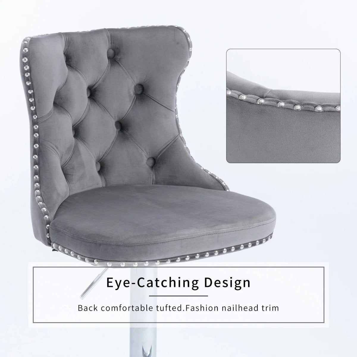 SERENITà Gray Velvet Bar Stools Adjustable Swivel Counter Height Chairs with Tufted Back and Nailhead Trim for Kitchen Island Pub Restaurant (2Pcs, Chrome Metal, Grey) 5