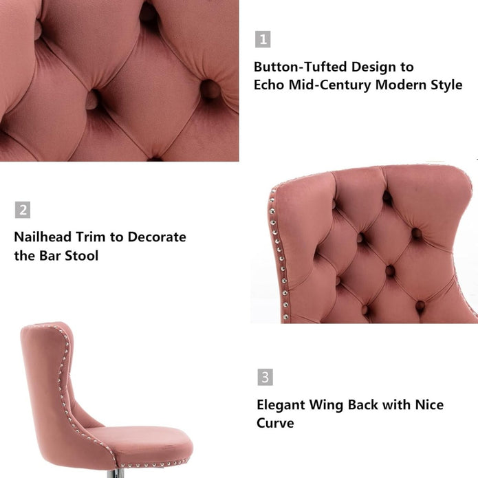 SERENITà Pink Velvet Bar Stools Adjustable Swivel Counter Height Chairs with Tufted Back and Nailhead Trim for Kitchen Island Pub Restaurant (2Pcs, Chrome Metal) 3