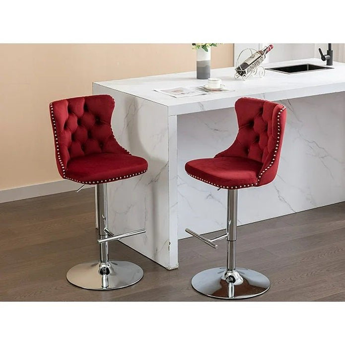 SERENITà Red Velvet Bar Stools Adjustable Swivel Counter Height Chairs with Tufted Back and Nailhead Trim for Kitchen Island Pub Restaurant (2Pcs, Chrome Metal) 3