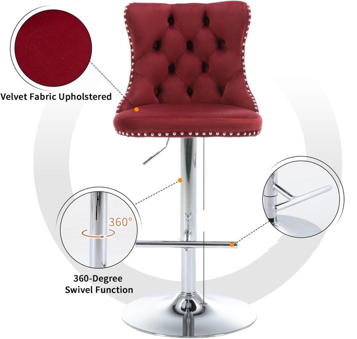 SERENITà Red Velvet Bar Stools Adjustable Swivel Counter Height Chairs with Tufted Back and Nailhead Trim for Kitchen Island Pub Restaurant (2Pcs, Chrome Metal) 5