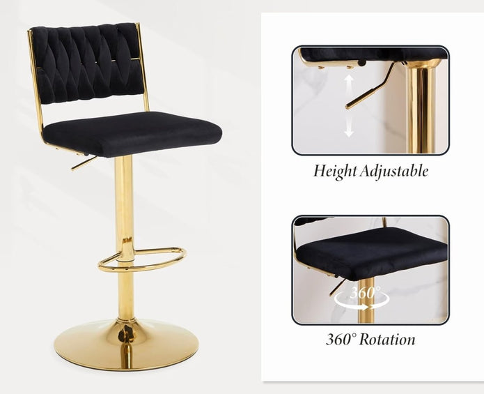 SERENITà  2x Velvet Bar Stools with Braided Back Elegant Kitchen High Chairs, Kitchen Island Stools Adjustable Height Swivel Bar Chairs with Gold Legs for Home-Black 3
