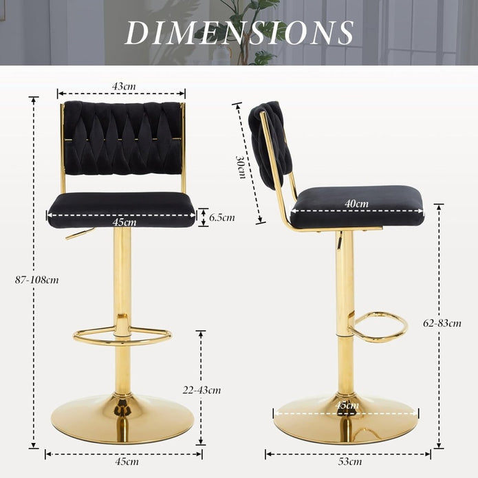 SERENITà  2x Velvet Bar Stools with Braided Back Elegant Kitchen High Chairs, Kitchen Island Stools Adjustable Height Swivel Bar Chairs with Gold Legs for Home-Black 4