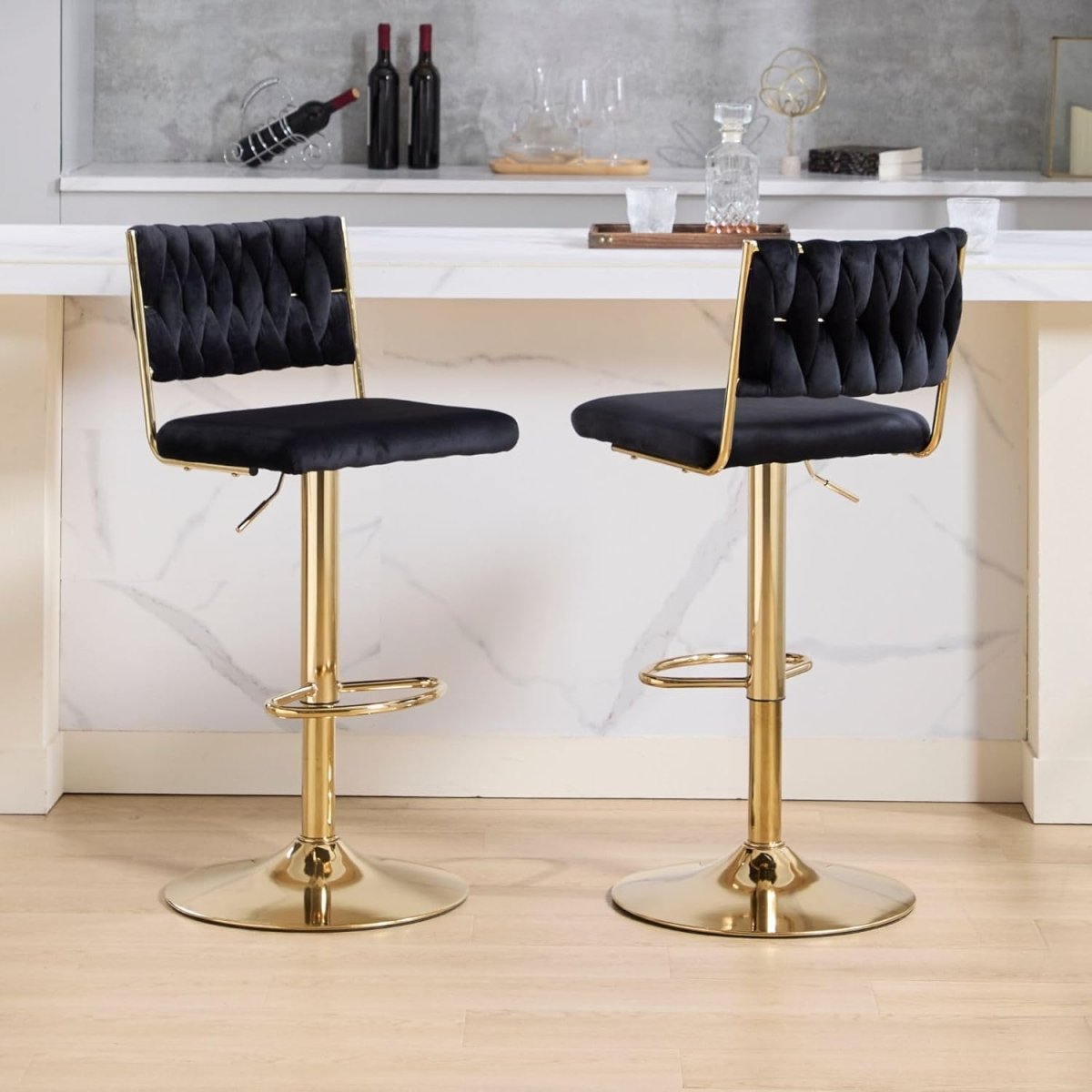 SERENITà  2x Velvet Bar Stools with Braided Back Elegant Kitchen High Chairs, Kitchen Island Stools Adjustable Height Swivel Bar Chairs with Gold Legs for Home-Black 5