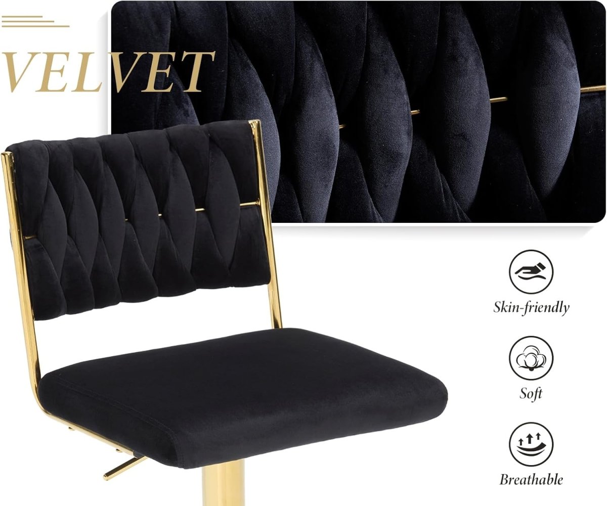SERENITà  2x Velvet Bar Stools with Braided Back Elegant Kitchen High Chairs, Kitchen Island Stools Adjustable Height Swivel Bar Chairs with Gold Legs for Home-Black 6