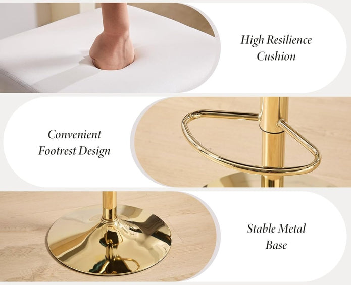 SERENITà  2x Velvet Bar Stools with Braided Back Elegant Kitchen High Chairs, Kitchen Island Stools Adjustable Height Swivel Bar Chairs with Gold Legs for Home-White 3