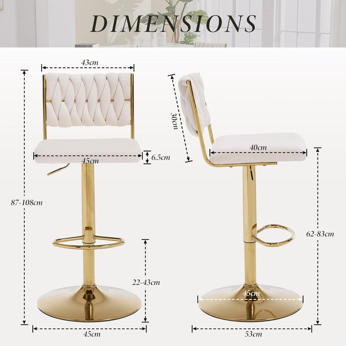 SERENITà  2x Velvet Bar Stools with Braided Back Elegant Kitchen High Chairs, Kitchen Island Stools Adjustable Height Swivel Bar Chairs with Gold Legs for Home-White 4