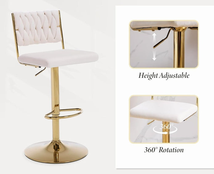 SERENITà  2x Velvet Bar Stools with Braided Back Elegant Kitchen High Chairs, Kitchen Island Stools Adjustable Height Swivel Bar Chairs with Gold Legs for Home-White 5