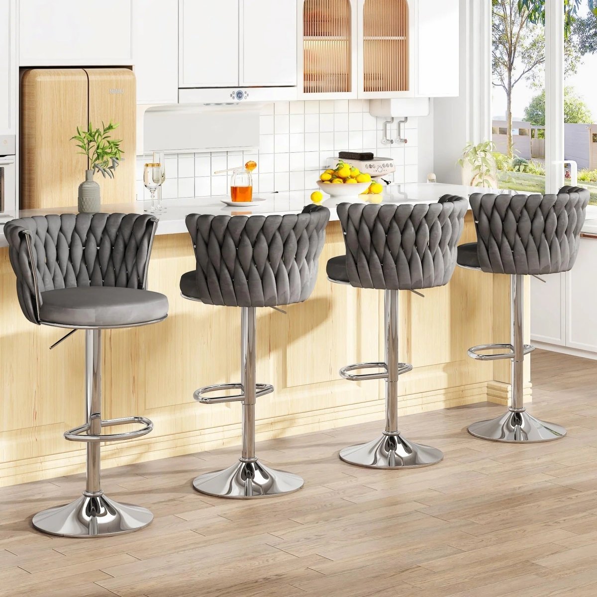 SERENITà Modern Silver Swivel Upholstered Velvet Adjustable Height Counter Stool with Metal Frame Grey (Set of 2) 4
