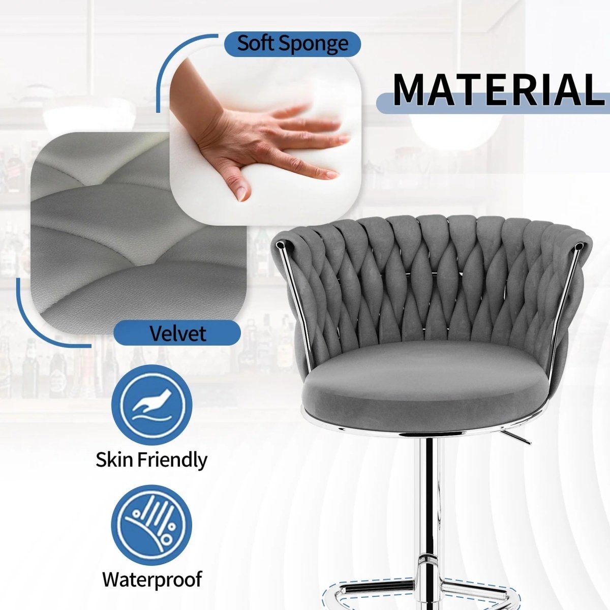 SERENITà Modern Silver Swivel Upholstered Velvet Adjustable Height Counter Stool with Metal Frame Grey (Set of 2) 5