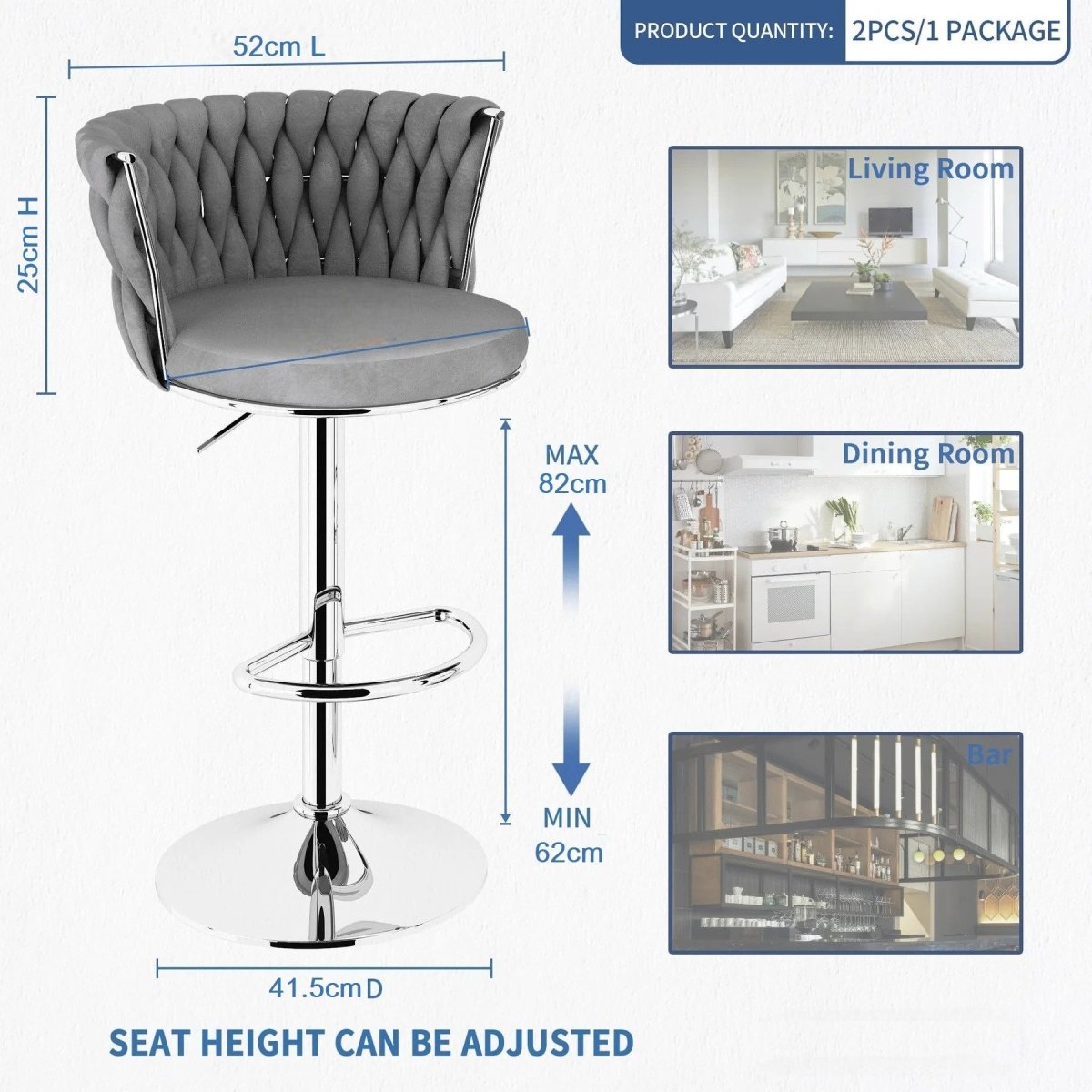 SERENITà Modern Silver Swivel Upholstered Velvet Adjustable Height Counter Stool with Metal Frame Grey (Set of 2) 6