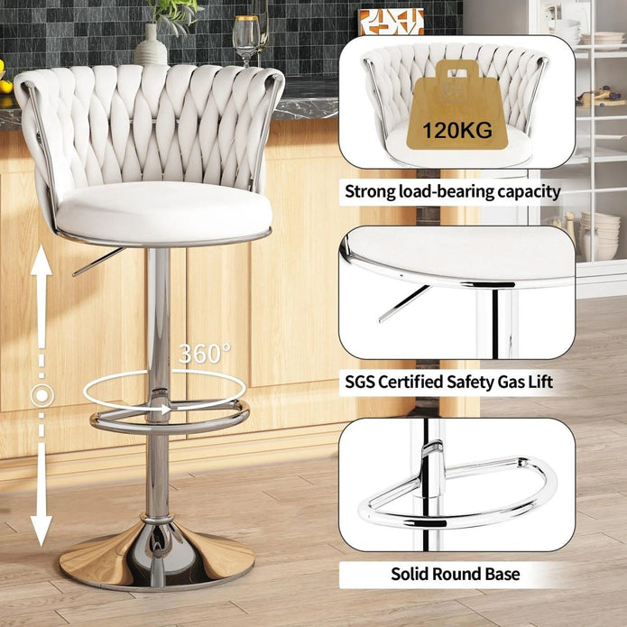 SERENITà Modern Silver Swivel Upholstered Velvet Adjustable Height Counter Stool with Metal Frame White (Set of 2) 3