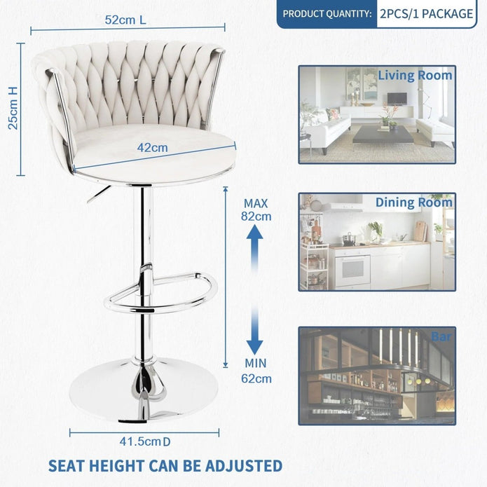 SERENITà Modern Silver Swivel Upholstered Velvet Adjustable Height Counter Stool with Metal Frame White (Set of 2) 5
