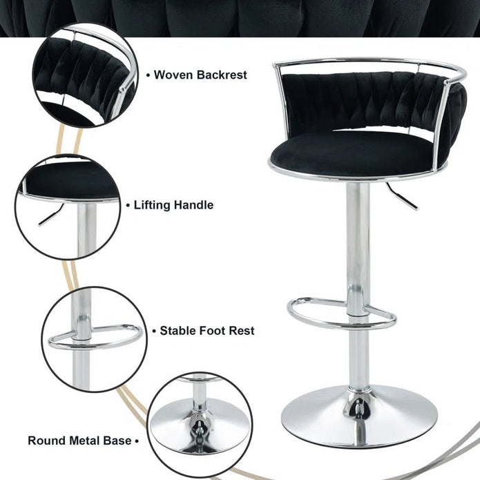 SERENITà Silver Swivel Upholstered Velvet Adjustable Height Counter Stool with Metal Frame Black (Set of 2) 5