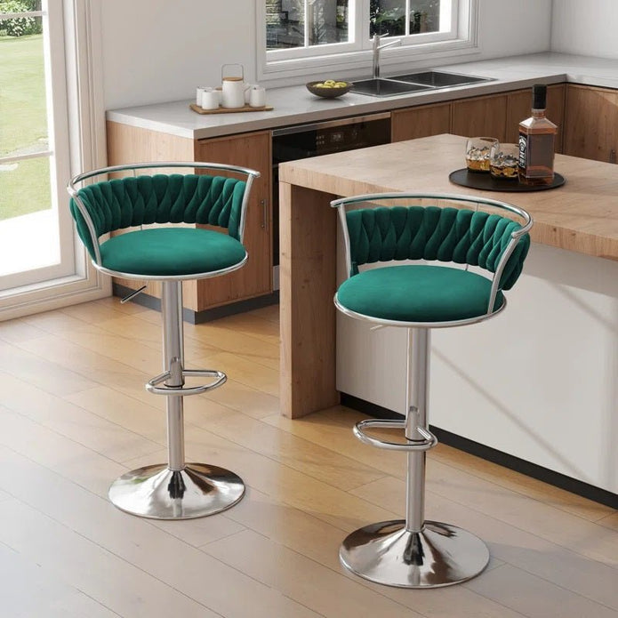 SERENITà Silver Swivel Upholstered Velvet Adjustable Height Counter Stool with Metal Frame Emerald Green (Set of 2)