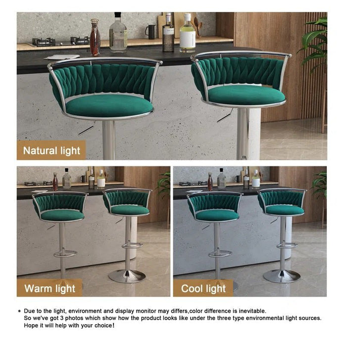 SERENITà Silver Swivel Upholstered Velvet Adjustable Height Counter Stool with Metal Frame Emerald Green (Set of 2) 4
