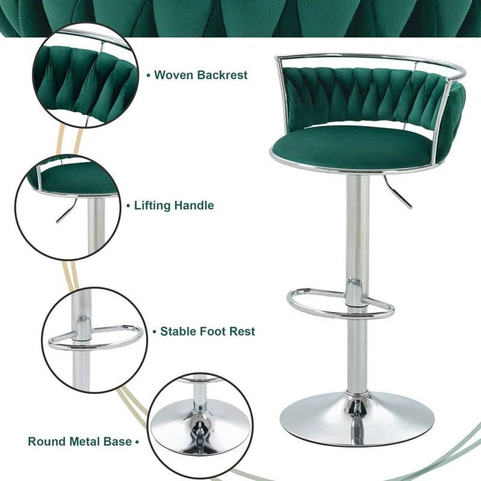 SERENITà Silver Swivel Upholstered Velvet Adjustable Height Counter Stool with Metal Frame Emerald Green (Set of 2) 5