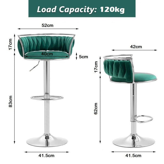 SERENITà Silver Swivel Upholstered Velvet Adjustable Height Counter Stool with Metal Frame Emerald Green (Set of 2) 6