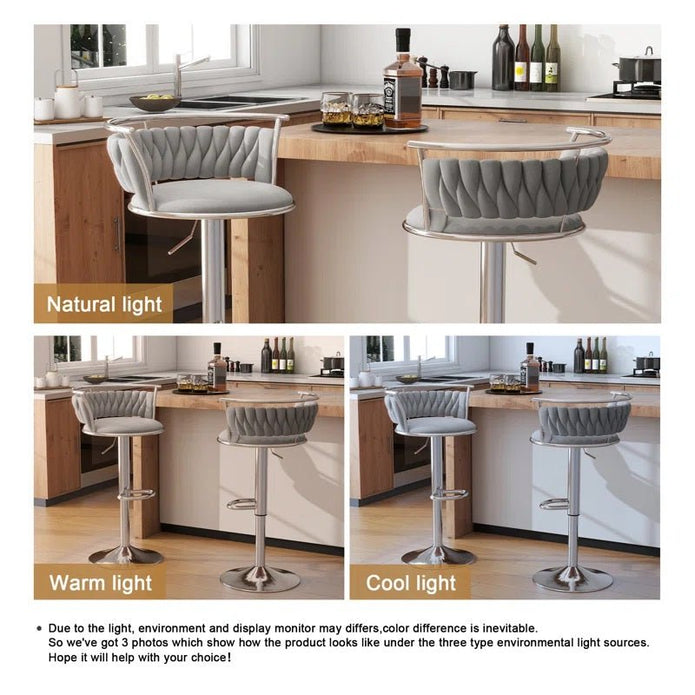 SERENITà Silver Swivel Upholstered Velvet Adjustable Height Counter Stool with Metal Frame Grey (Set of 2) 3