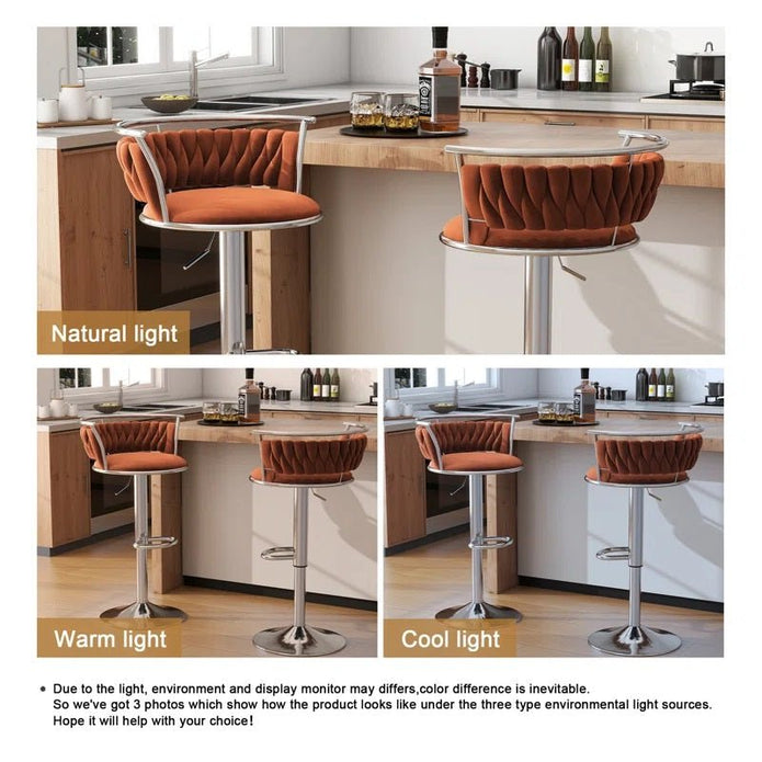 SERENITà Silver Swivel Upholstered Velvet Adjustable Height Counter Stool with Metal Frame Orange (Set of 2) 3