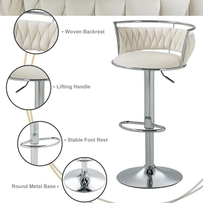SERENITà Silver Swivel Upholstered Velvet Adjustable Height Counter Stool with Metal Frame White (Set of 2) 4