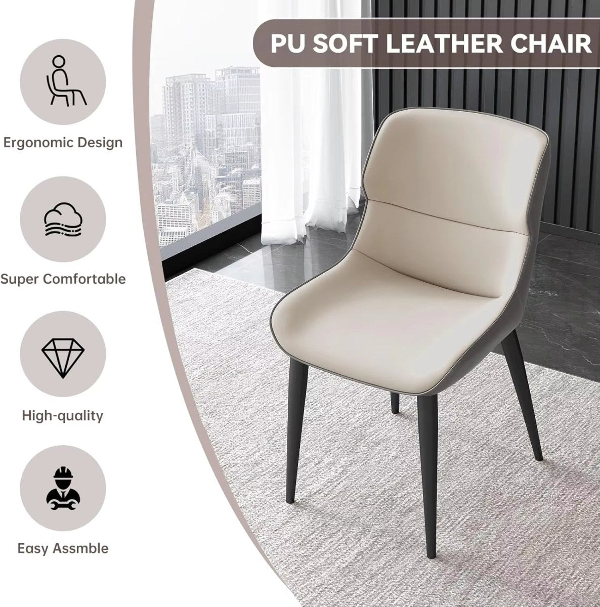 Dark Grey Italian Minimal List Dining Chairs PU Retro Chair Cafe Kitchen Modern Metal Legs x2 3