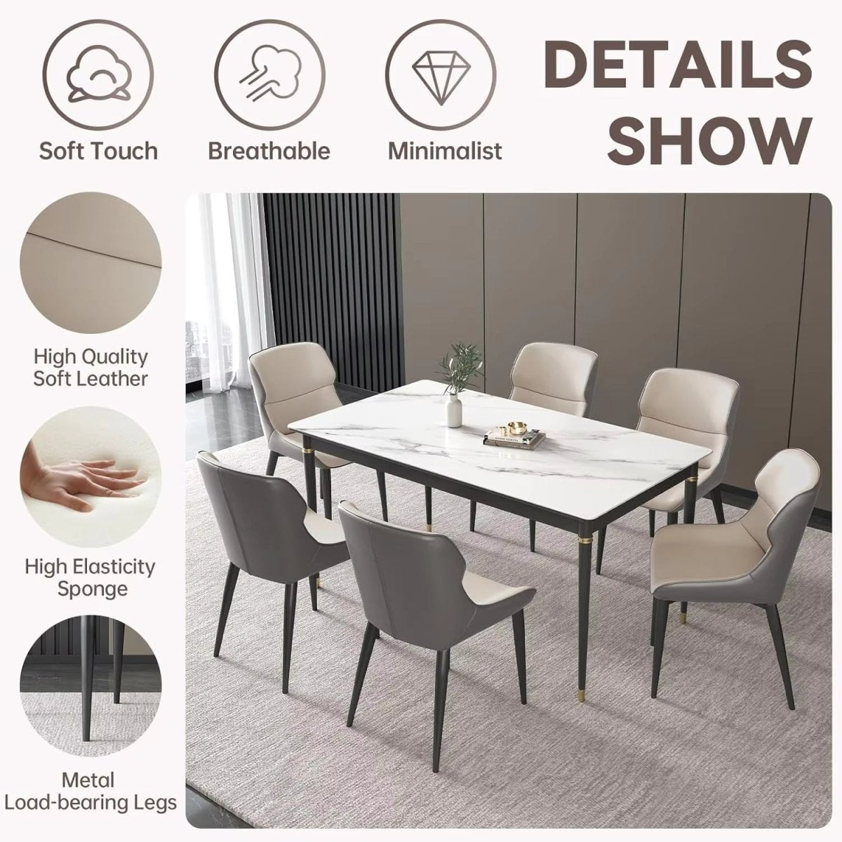 Light Grey Italian Minimal List Dining Chairs PU Retro Chair Cafe Kitchen Modern Metal Legs x2 5