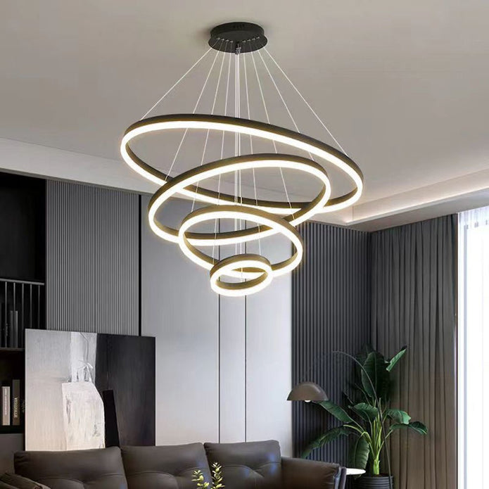 Black 5 Rings Minimalist LED Pendant Light Adjustable Circular Chandelier 8