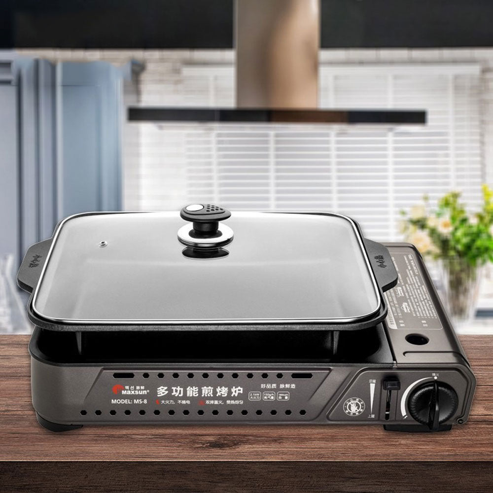 Portable Gas Burner Stove with Inset Non Stick Cooking Pan Cooker Butane Camping 60mm Deep Pan 4