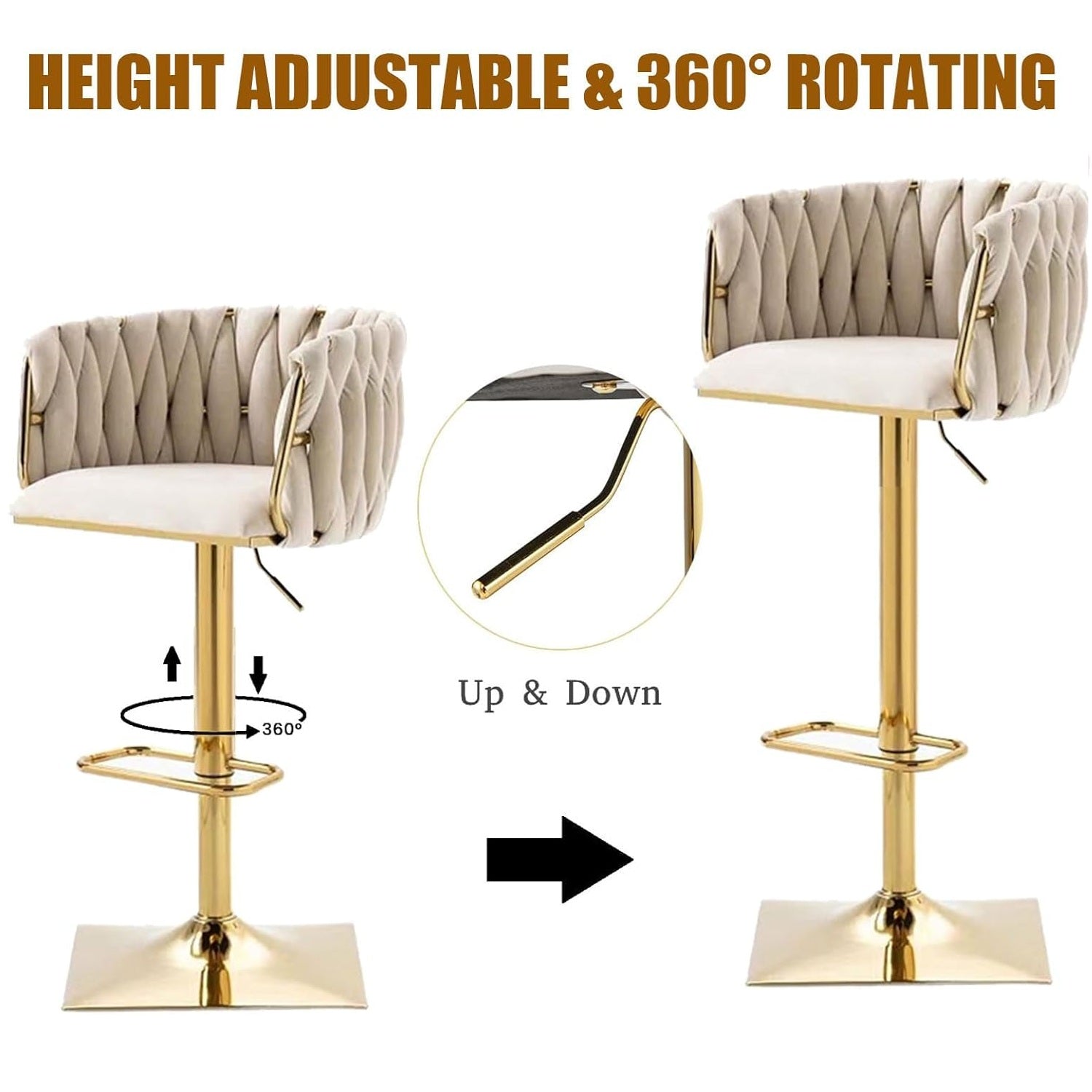 SERENITà Modern Velvet Breakfast Bar Stools Swivel Barstools Adjustable Counter Stools with Backrest Set of 2 iVORY 3