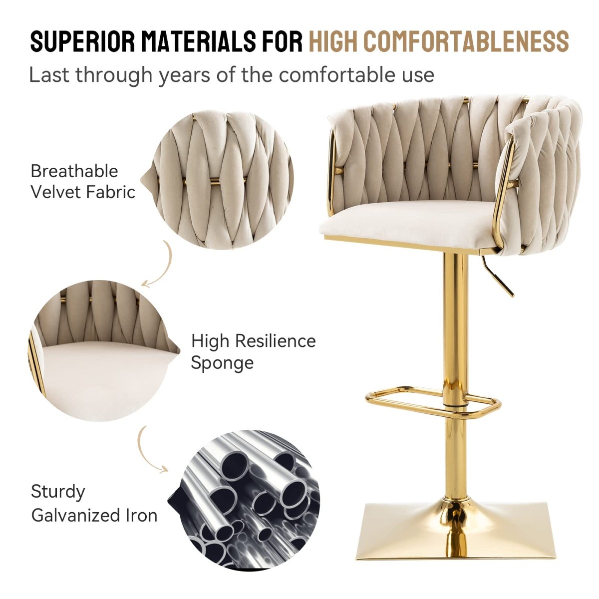 SERENITà Modern Velvet Breakfast Bar Stools Swivel Barstools Adjustable Counter Stools with Backrest Set of 2 iVORY 6