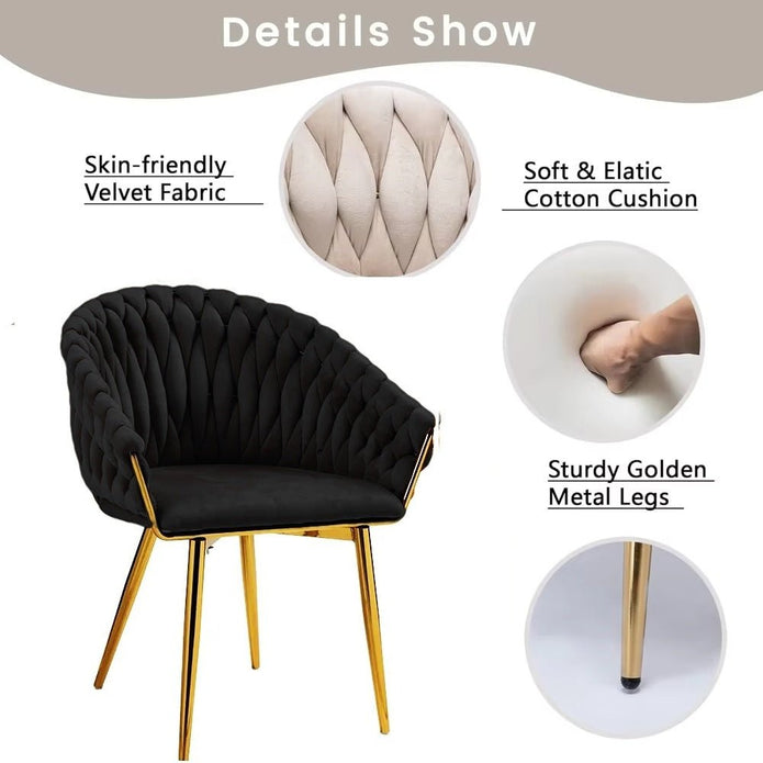 SERENITà Black Modern Velvet Dining Chairs, Upholstered Living Room Chair with Woven Back and Golden Metal Legs, Mid-Century Accent Set of 2(BLACK) 4