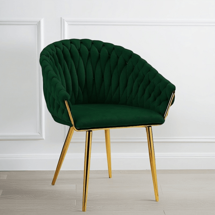 SERENITà Emerald Green Modern Velvet Dining Chairs, Upholstered Living Room Chair with Woven Back and Golden Metal Legs, Mid-Century Accent Set of 2(GREEN)