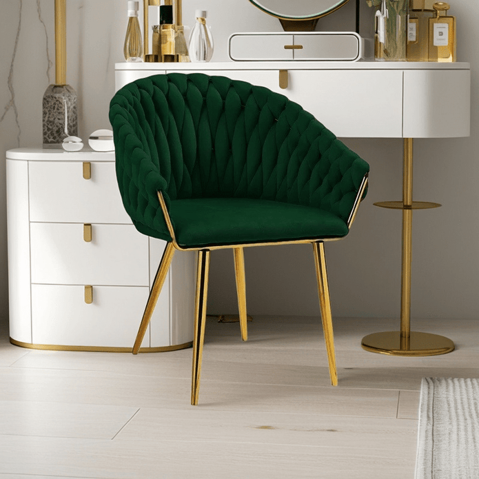 SERENITà Emerald Green Modern Velvet Dining Chairs, Upholstered Living Room Chair with Woven Back and Golden Metal Legs, Mid-Century Accent Set of 2(GREEN) 3