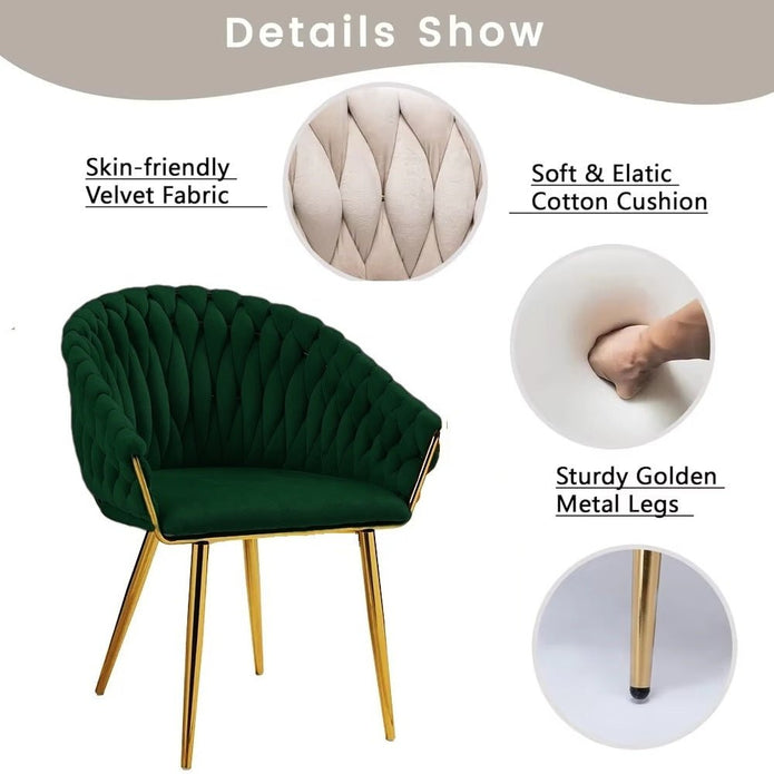 SERENITà Emerald Green Modern Velvet Dining Chairs, Upholstered Living Room Chair with Woven Back and Golden Metal Legs, Mid-Century Accent Set of 2(GREEN) 5