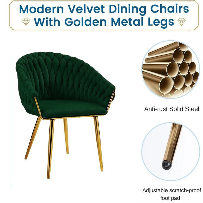 SERENITà Emerald Green Modern Velvet Dining Chairs, Upholstered Living Room Chair with Woven Back and Golden Metal Legs, Mid-Century Accent Set of 2(GREEN) 7