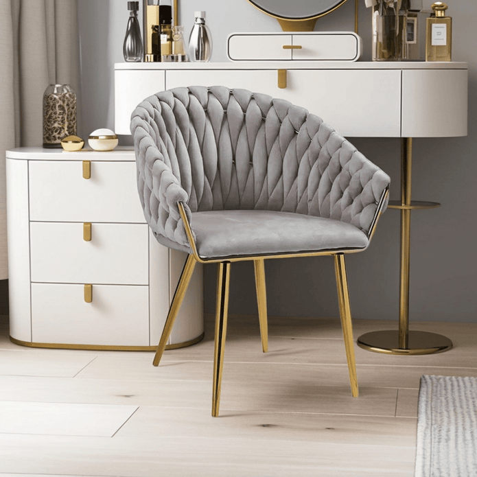 SERENITà Grey Modern Velvet Dining Chairs, Upholstered Living Room Chair with Woven Back and Golden Metal Legs, Mid-Century Accent Set of 2(Grey) 3