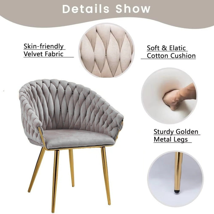 SERENITà Grey Modern Velvet Dining Chairs, Upholstered Living Room Chair with Woven Back and Golden Metal Legs, Mid-Century Accent Set of 2(Grey) 5