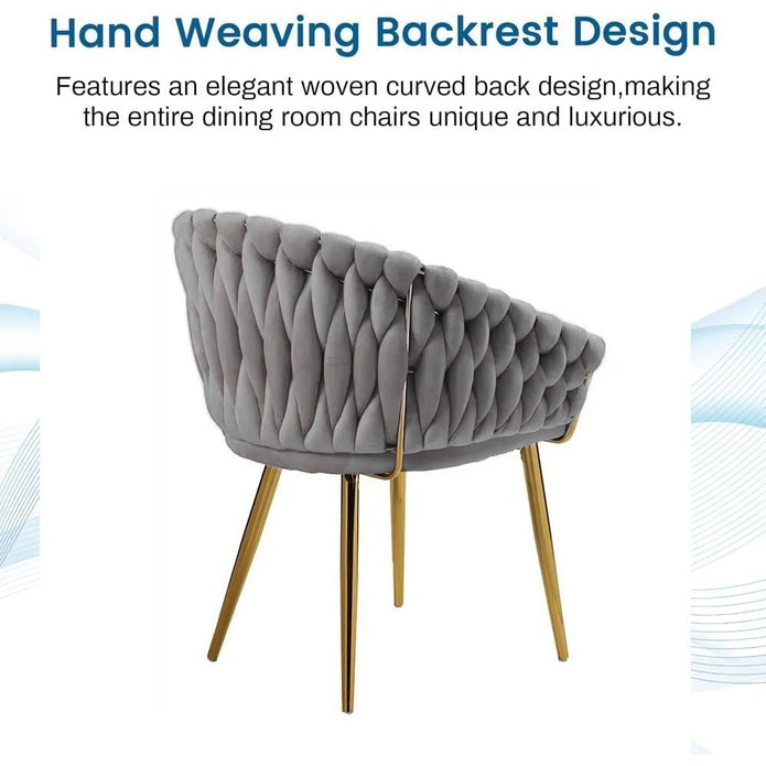 SERENITà Grey Modern Velvet Dining Chairs, Upholstered Living Room Chair with Woven Back and Golden Metal Legs, Mid-Century Accent Set of 2(Grey) 6