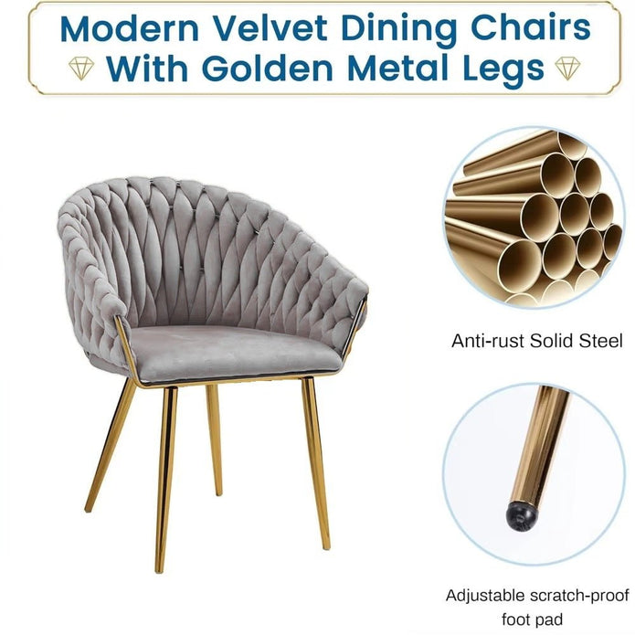 SERENITà Grey Modern Velvet Dining Chairs, Upholstered Living Room Chair with Woven Back and Golden Metal Legs, Mid-Century Accent Set of 2(Grey) 7