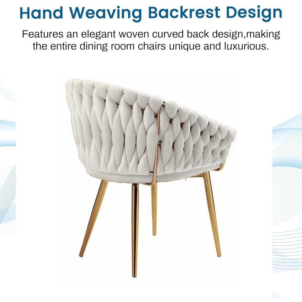 SERENITà Ivory Modern Velvet Dining Chairs, Upholstered Living Room Chair with Woven Back and Golden Metal Legs, Mid-Century Accent Set of 2(Ivory) 5