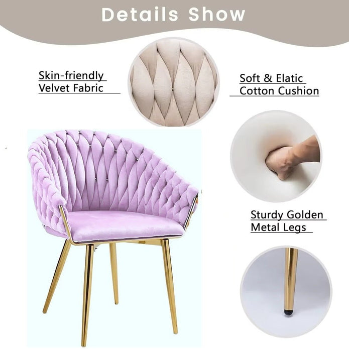 SERENITà Pink Modern Velvet Dining Chairs, Upholstered Living Room Chair with Woven Back and Golden Metal Legs, Mid-Century Accent Set of 2(Pink) 4