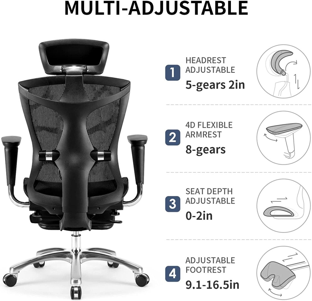 Sihoo Ergonomic Office Chair V1 4D Adjustable High-Back Breathable With Footrest And Lumbar Support Grey 3