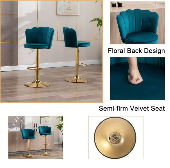 SERENITà Swivel Bar Stools Bar Height Set of 2 Adjustable Upholstered Counter Barstool Velvet Bar Chairs with Back/Gold Base for Kitchen Island/Bar/Cafe-Teal Blue 6