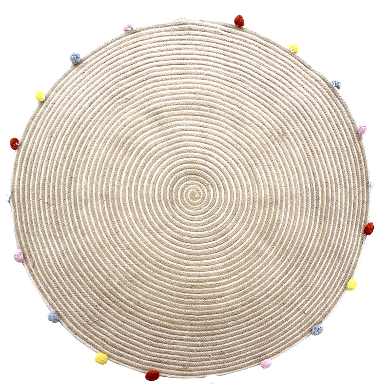 Round Woven Jute Cotton Multicolour Pompom Rug 120 cm 4