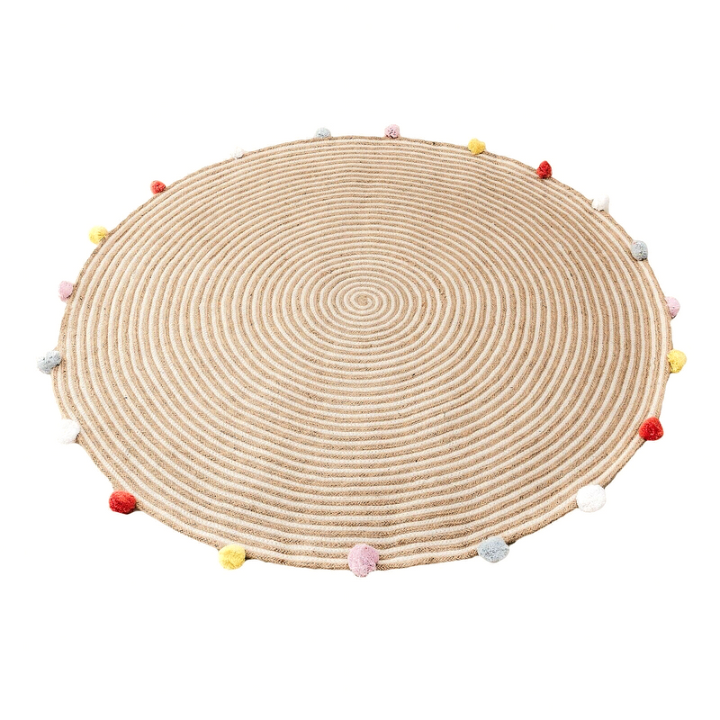 Round Woven Jute Cotton Multicolour Pompom Rug 120 cm 3