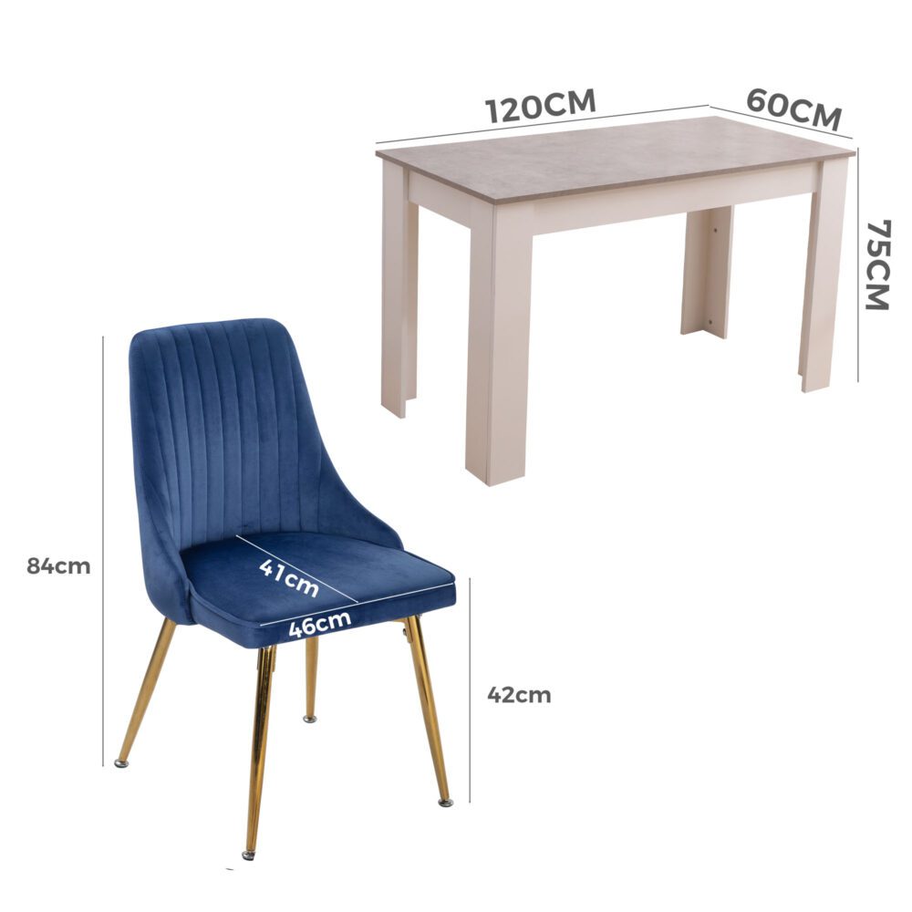 Grey Rectangular Dining Table with 4x Blue Velvet Chairs 12