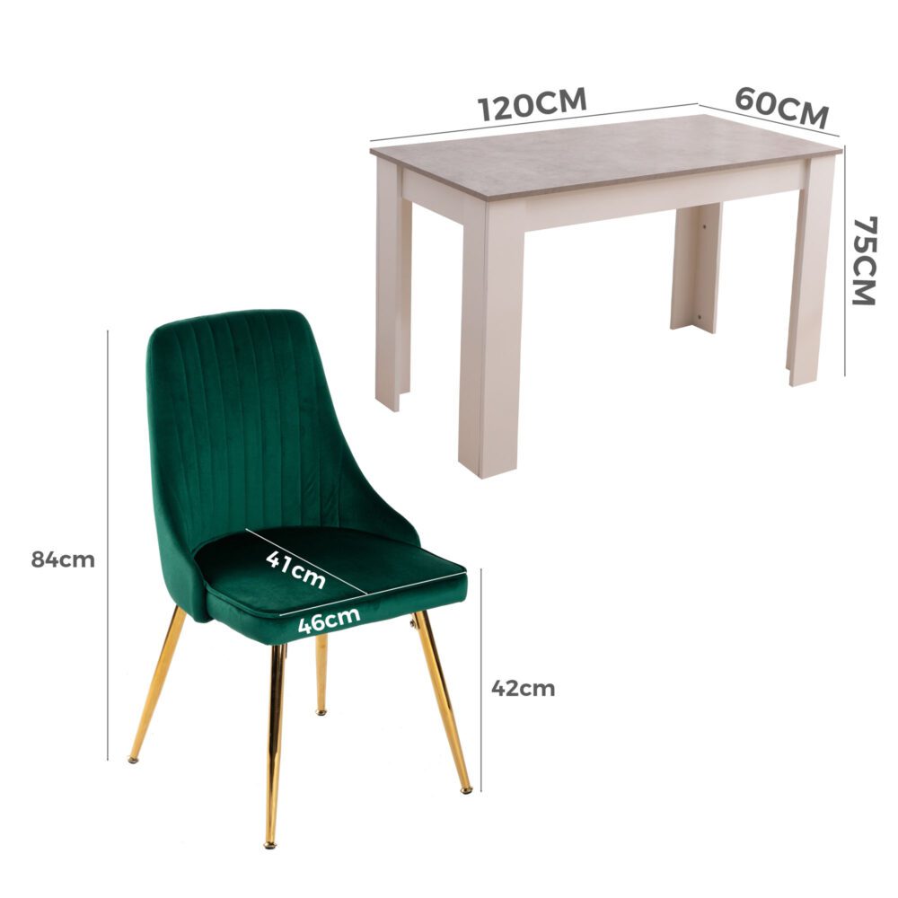 Grey Rectangular Dining Table with 4x Green Velvet Chairs 12